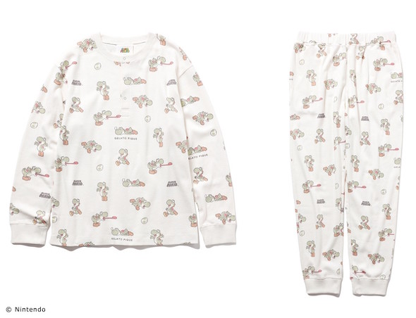 左から）ヨッシー柄トップス（レディース5940円、メンズ6930円）、ヨッシー柄ロングパンツ（レディース5940円、メンズ6930円）