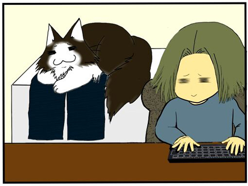 くつろぎ中マーくんと飼い主さんイラスト 猫漫画 面白い 無料 ネコ かわいい 席を譲る メンコスケダモノ ノルウェージャン キジトラ