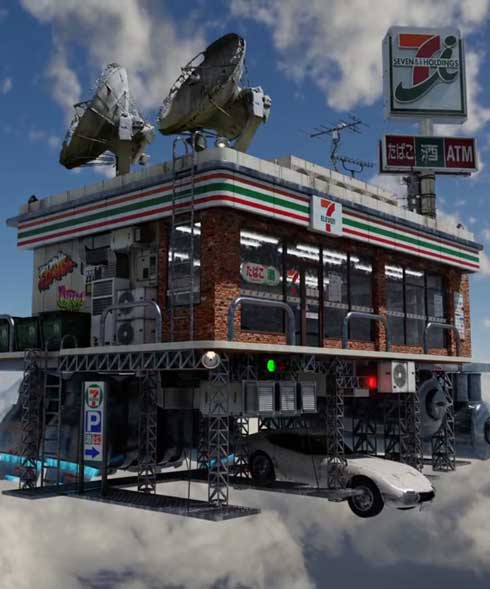 空中 世界 セブンイレブン 車 駐車場 blender CG