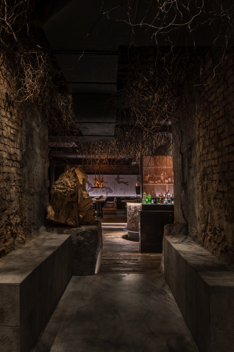 木の根を天井に吊るしたバー