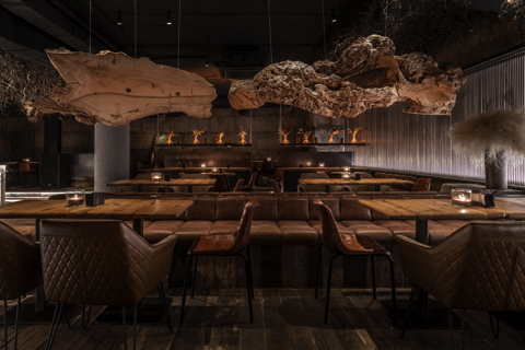 木の根を天井に吊るしたバー