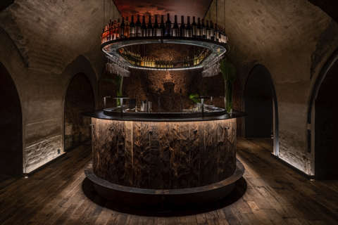 木の根を天井に吊るしたバー