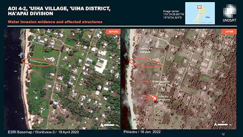 国連訓練調査研究所がトンガ噴火の衛星写真を公開　被災した建物や道路が明らかに