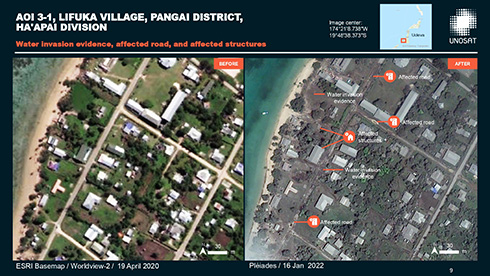 国連訓練調査研究所がトンガ噴火の衛星写真を公開　被災した建物や道路が明らかに