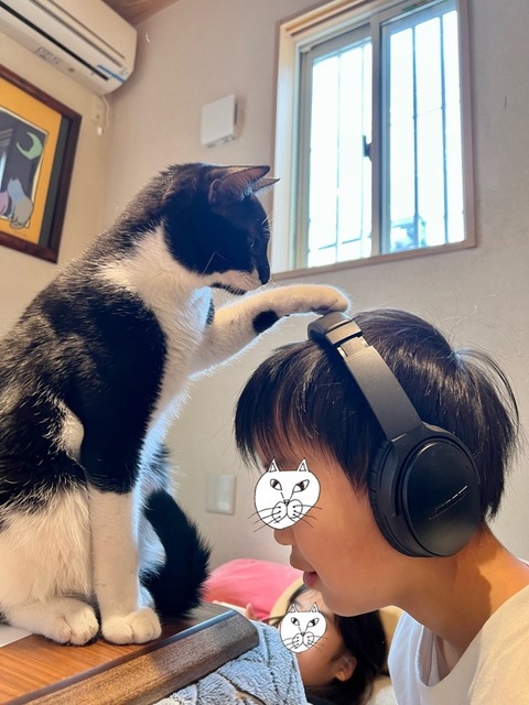 ヘッドフォンにさわるおにぎりくん