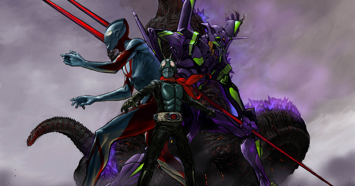 ポストカード5種類(仮面ライダー・ウルトラマン・ゴジラ・エヴァ・集合写真) ゴジラ・エヴァ・ウルトラマン・仮面ライダーが奇跡のコラボ