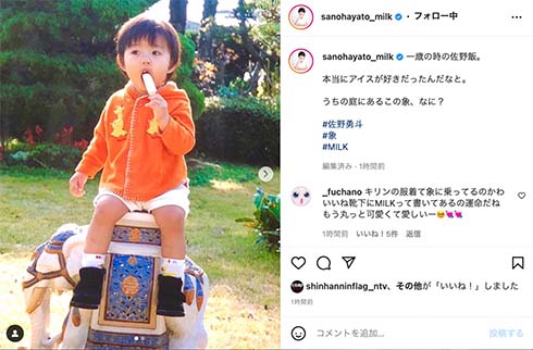 象にまたがる1歳の佐野勇斗