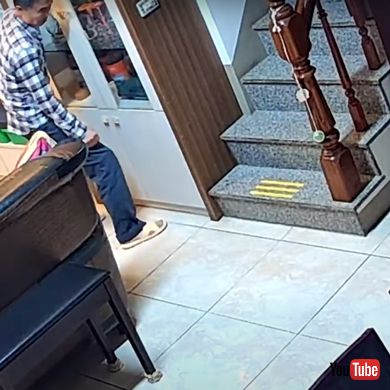 驚かせあうおじいちゃんと猫