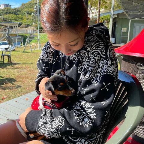 娘さんに抱っこされるワンコ