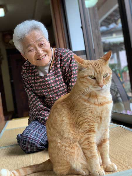 猫を見つめるおばあちゃん