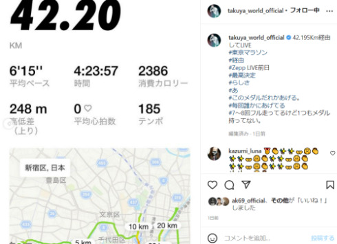 東京マラソンでの記録を公開したTAKUYA∞さん