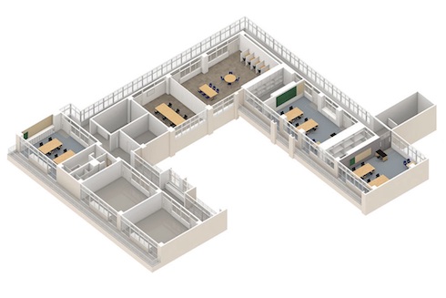 3つのオフィスルームと1つのコワーキングスペースを備える