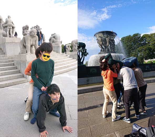 ヴィーゲラン彫刻公園 彫像 ポーズ 真似 モノマネ 写真 モノリスの台地