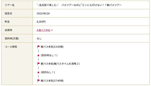 鯱バスが発売する「立ち寄り地なし」観光バスツアーの行程