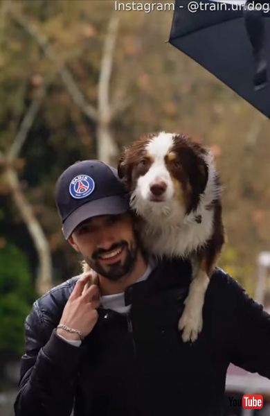 エスカレーターでおんぶしてもらうワンコ