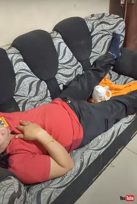 寝ているお父さんと子猫