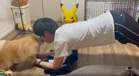 低姿勢で顔をなめる