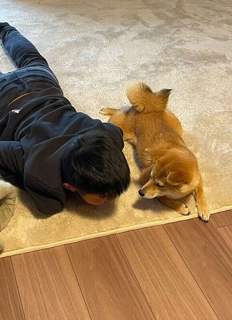 寝転んで顔を近づけるふたり