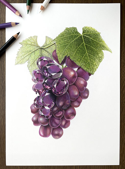 「ぶどう×宝石」の色鉛筆画