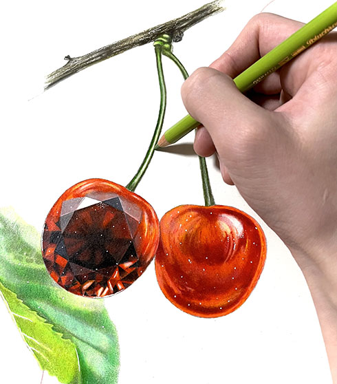 「さくらんぼ×宝石」の色鉛筆画