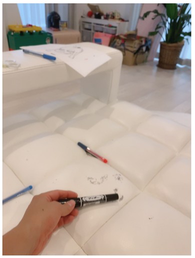 ソファの染みを報告するアレクサンダー