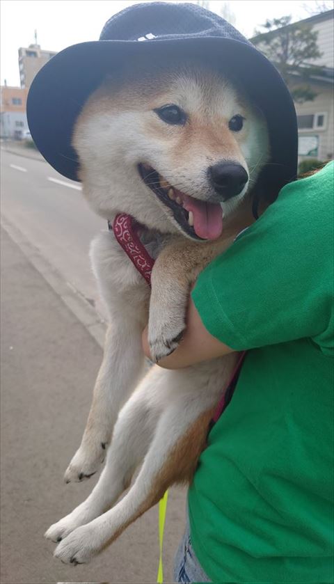 帽子かぶって抱っこ