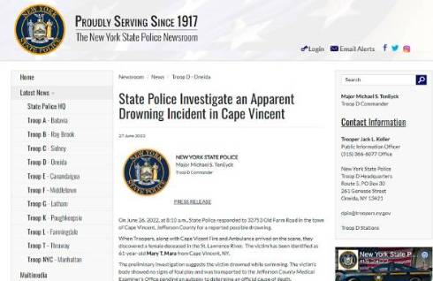 メアリー・マーラの溺死をニューヨーク州警察が伝える