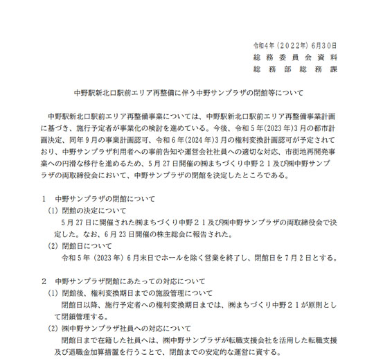 中野サンプラザ 閉館日決定