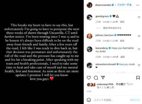 ショーン・メンデスがメンタルヘルスを理由にツアーを延期