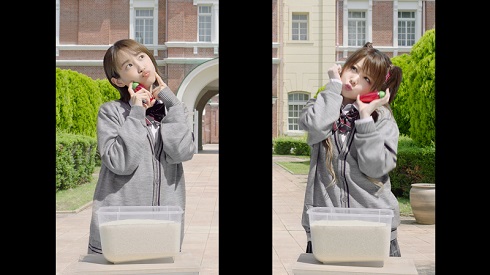 「米唐番」新CMで女子高生になった高橋愛と田中れいな