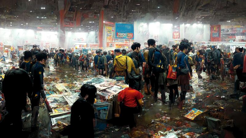 AIが描いた「台風が直撃したコミケ」の画像が大惨事　床はじゃぶじゃぶ、散らばる本……