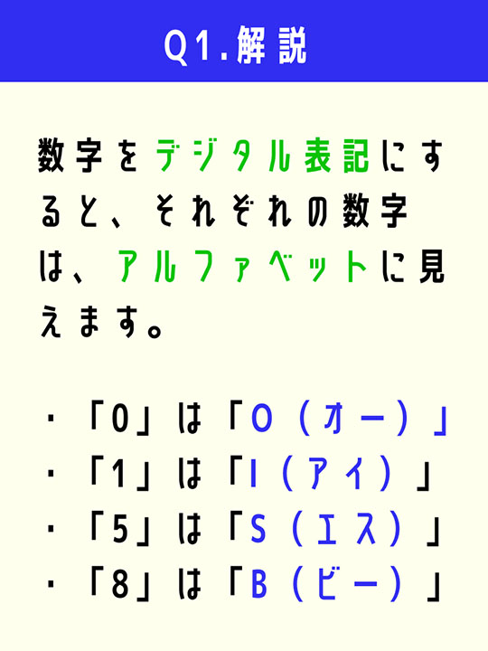 数字をデジタル表記にすると、それぞれの数字は、アルファベットに見えます。「0」は「O（オー）」。「1」は「I（アイ）」。「5」は「S（エス）」。「8」は「B（ビー）」。