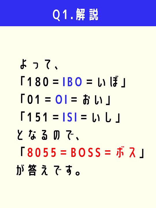 よって、「180＝IBO＝いぼ」「01＝OI＝おい」「151＝ISI＝いし」となるので、「8055＝BOSS＝ボス」が答えです。