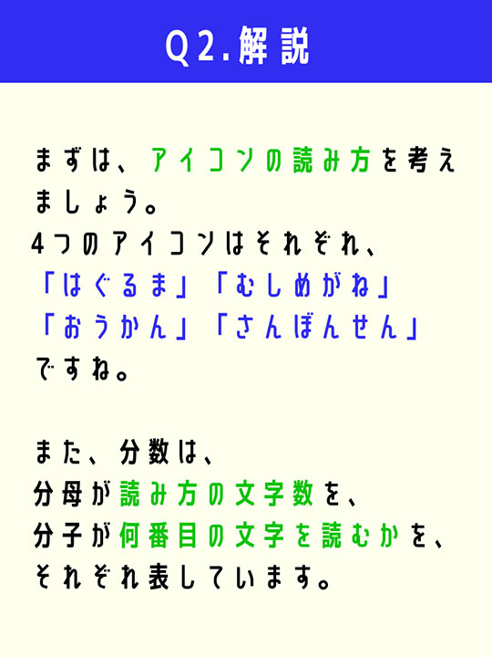 まずは、アイコンの読み方を考えましょう。4つのアイコンはそれぞれ、「はぐるま」「むしめがね」「おうかん」「さんぼんせん」ですね。また、分数は、分母が読み方の文字数を、分子が何番目の文字を読むかを、それぞれ表しています。