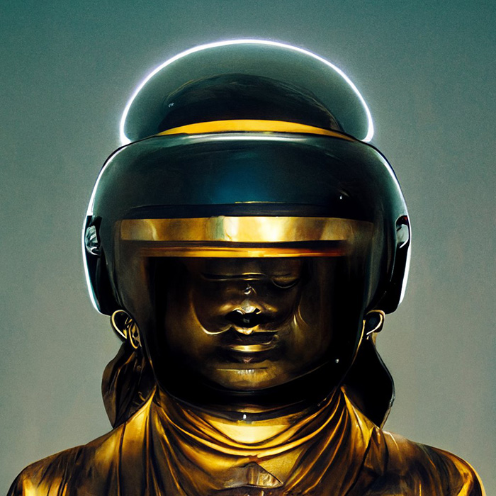 midjourneyで作った「ダフトパンクに加入している仏像」　ゴールドとネオンが融合したテクノポップ感が最高にかっこいい