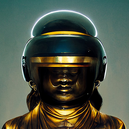 midjourney「ダフトパンクに加入している仏像」　ゴールドとネオンが融合したテクノポップ感が最高にかっこいい