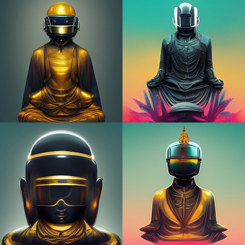 midjourney「ダフトパンクに加入している仏像」　ゴールドとネオンが融合したテクノポップ感が最高にかっこいい
