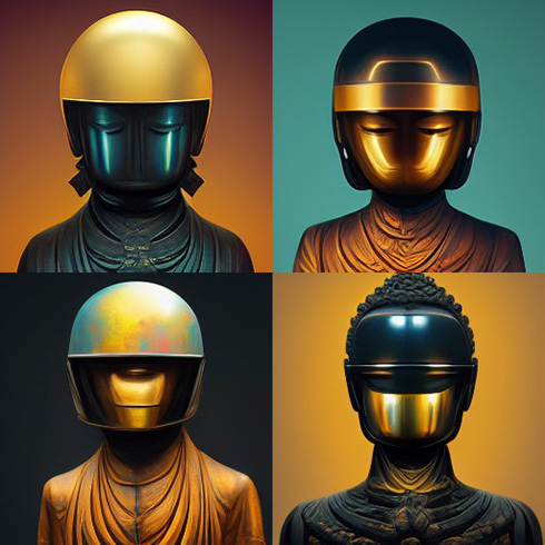 midjourney「ダフトパンクに加入している仏像」　ゴールドとネオンが融合したテクノポップ感が最高にかっこいい