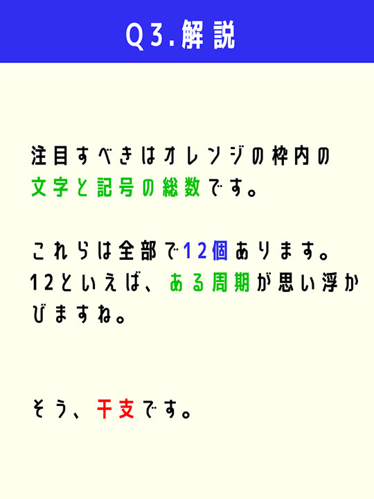 注目すべきはオレンジの枠内の文字と記号の総数です。これらは全部で12個あります。12といえば、ある周期が思い浮かびますね。そう、干支です。