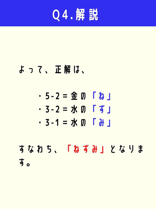 よって、正解は、5-2が金の「ね」、3-2が水の「ず」、3-1が水の「み」、すなわち「ねずみ」となります。