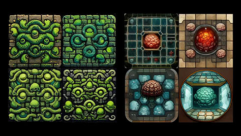 AIに書いてもらったダンジョンのタイル・緑や赤の装飾があるタイル