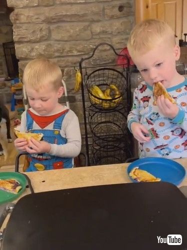 「Twin Toddlers Make Blueberry French Toast Under Mom's Guidance - 1353185」