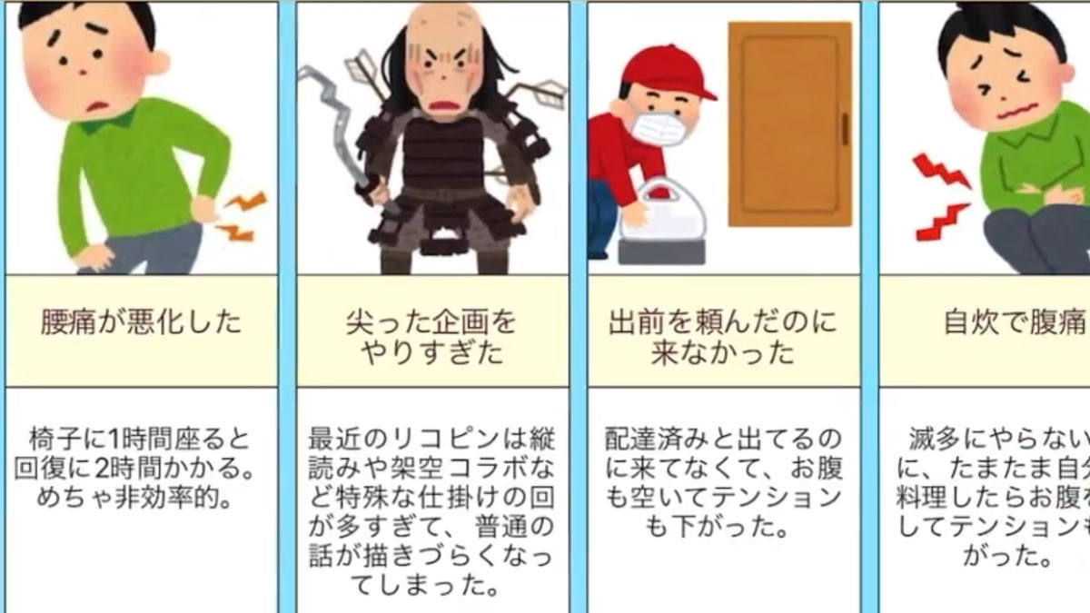 「休載の理由を動画にした」　ジャンプ＋リコピンが「自炊で腹痛」「ちいかわの一番くじが買えなかった」など全14の理由により休載