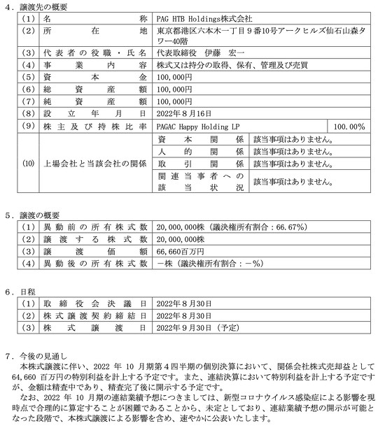 エイチ・アイ・エス（HIS）は、ハウステンボスを売却することを正式に発表