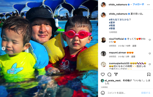 中村獅童と2歳次男の夏幹、4歳長男の陽喜がそっくり