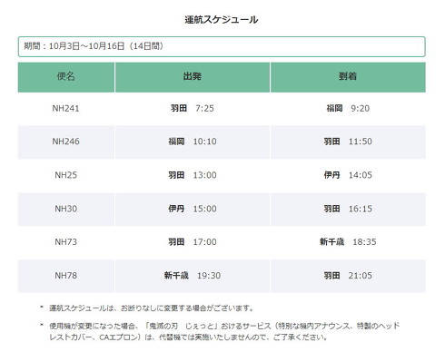 鬼滅ジェット運航スケジュール