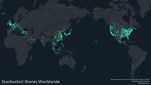 世界中のスタバを光らせてみた　経済大国の都市部や中東の産油国が光る様子が興味深い