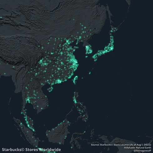 世界中のスタバを光らせてみた　経済大国の都市部や中東の産油国が光る様子が興味深い