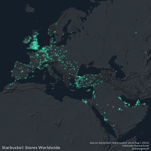 世界中のスタバを光らせてみた　経済大国の都市部や中東の産油国が光る様子が興味深い