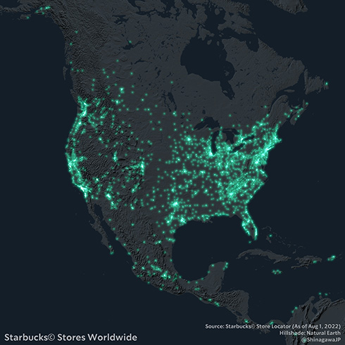 世界中のスタバを光らせてみた　経済大国の都市部や中東の産油国が光る様子が興味深い